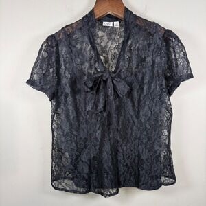 Cato Black Lace Button Down Blouse With Black Camisole Tie Neck Bow Size XL
